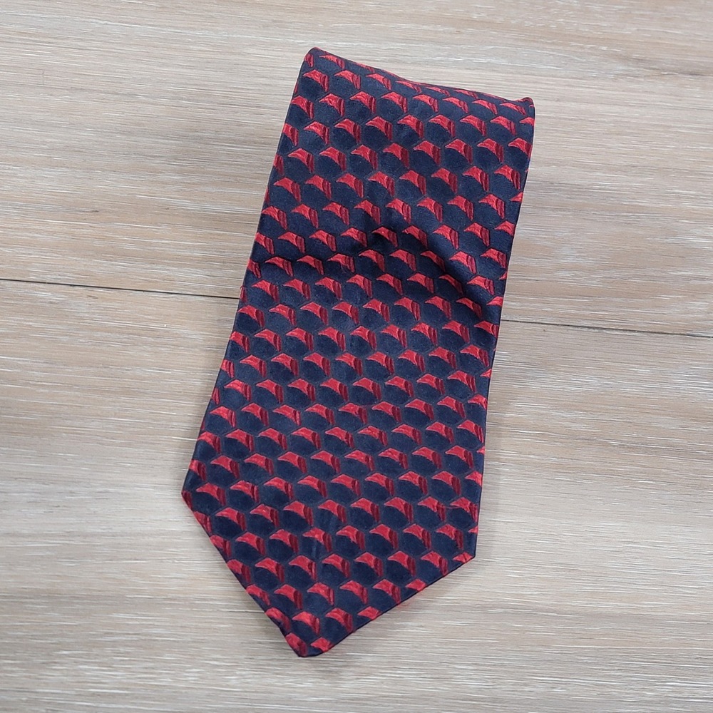 Tommy Hilfiger Mens Silk Necktie Navy Blue Red Geometric Pattern Woven USA Made